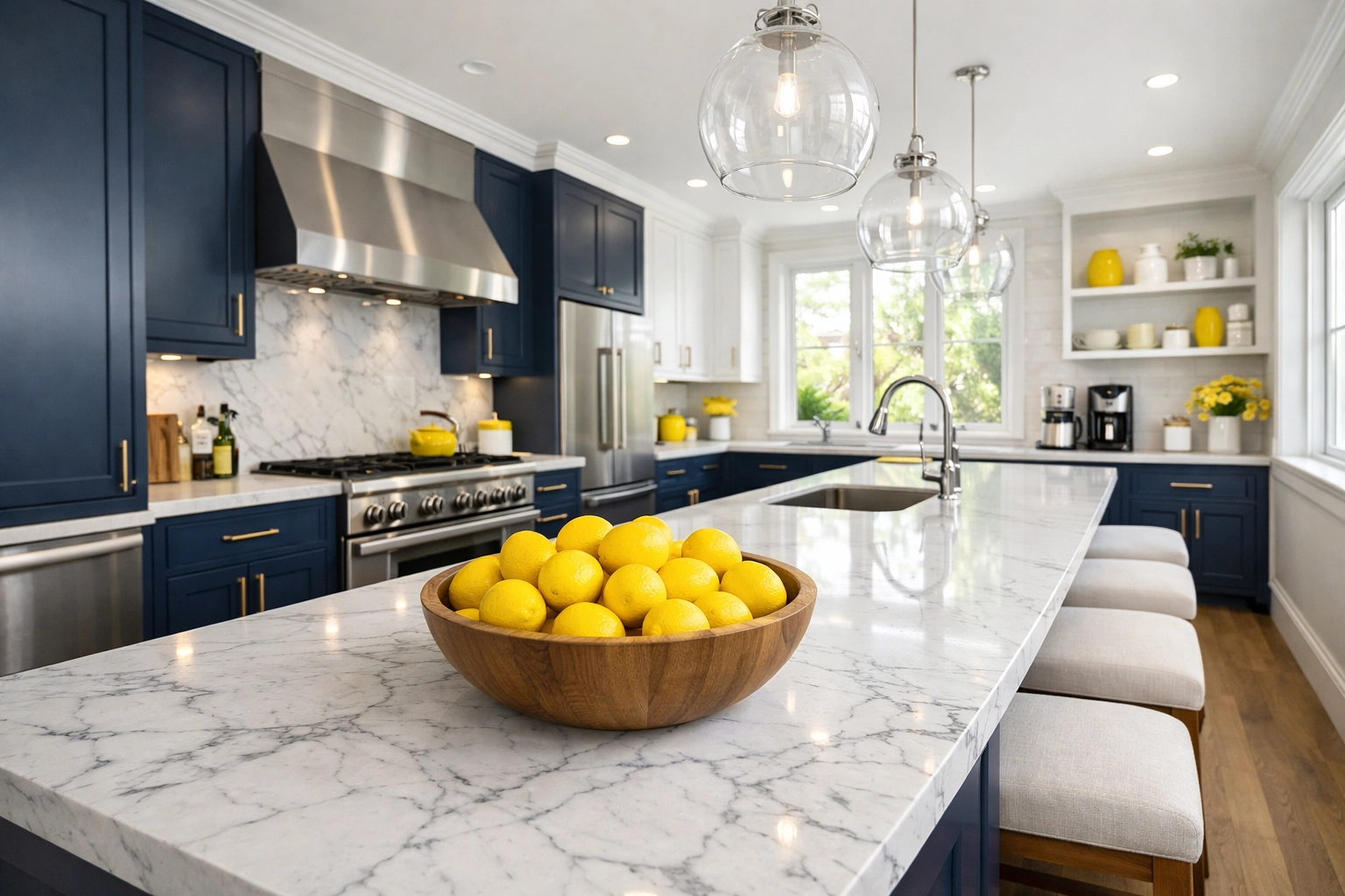 A spotless luxury kitchen with marble countertops demonstrating a systematic professional clean.