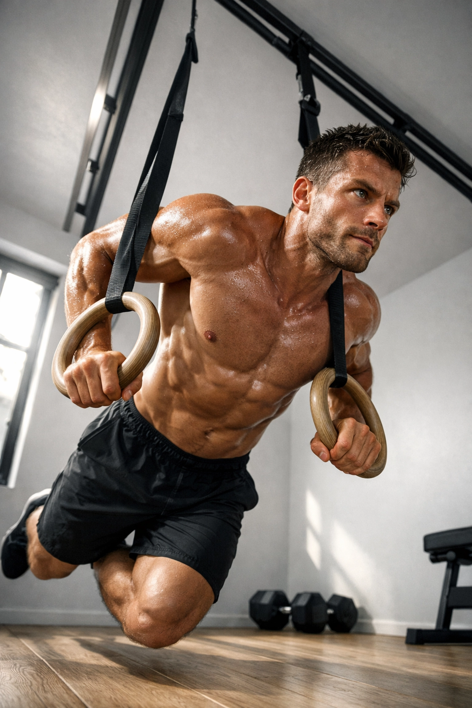 Athlete performing ring dips on gymnastic rings in a minimalist home gym setup