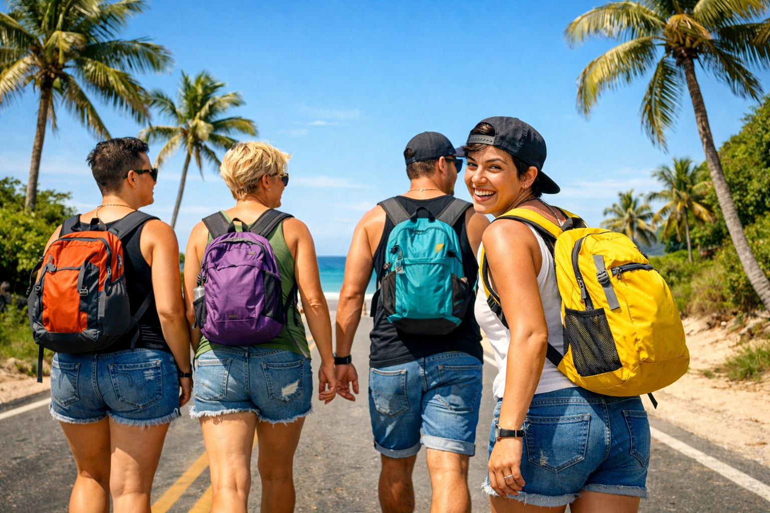 A group of diverse queer friends carrying travel backpacks along a tropical coastal road on a budget trip.