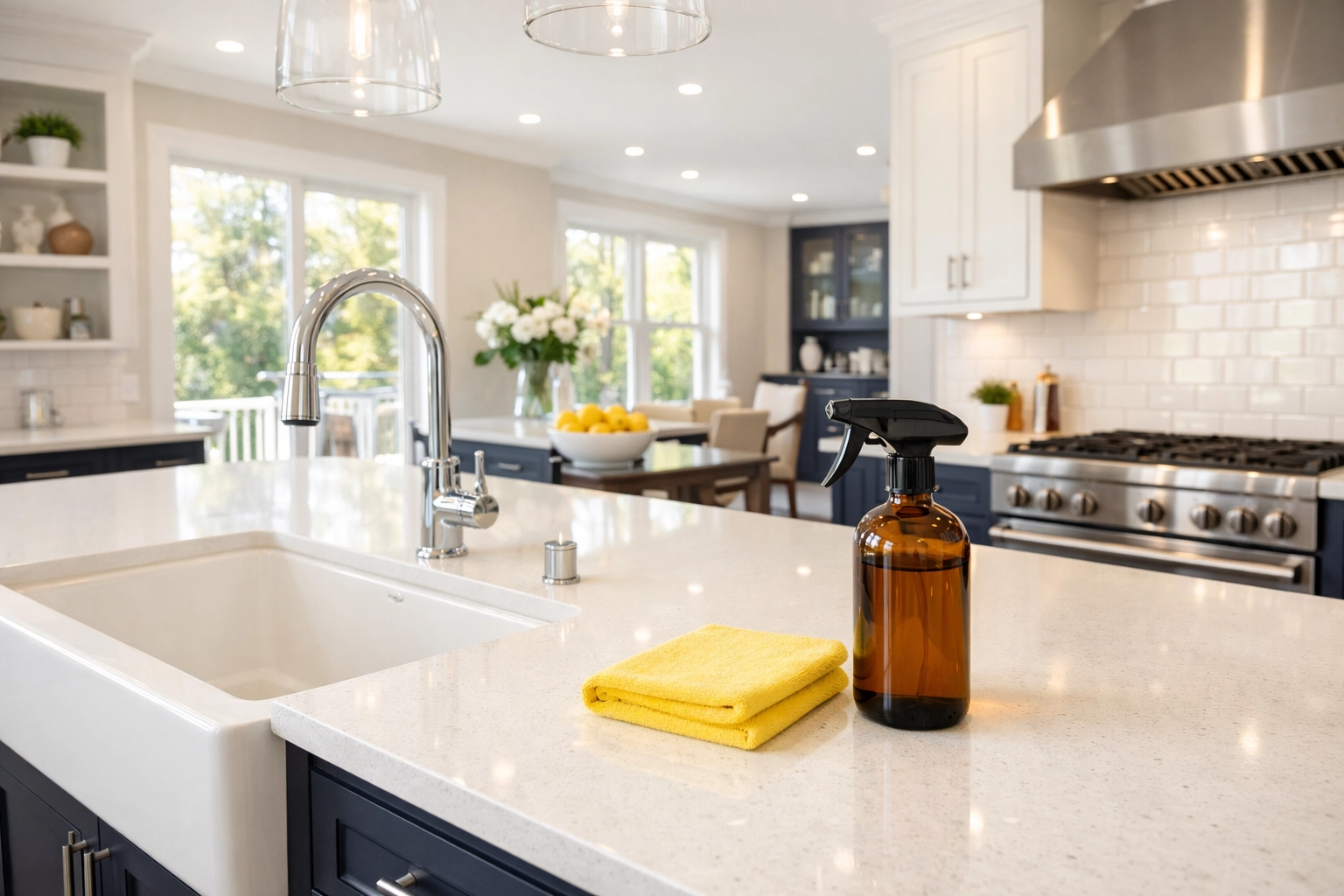 Professional eco-friendly house cleaning in a modern Lexington kitchen with quartz countertops and a spray bottle.