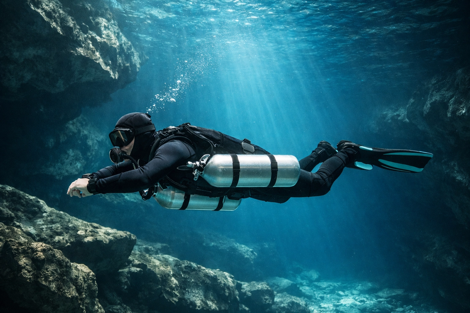 Sidemount-Taucher in perfekter Wasserlage mit dem xDeep Stealth 2.0 System in einer klaren Cenote.