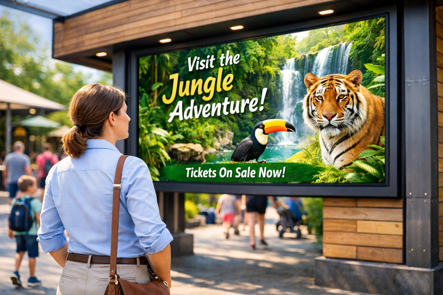 Media planner reviewing digital billboard advertising performance in a high-traffic zoo plaza.