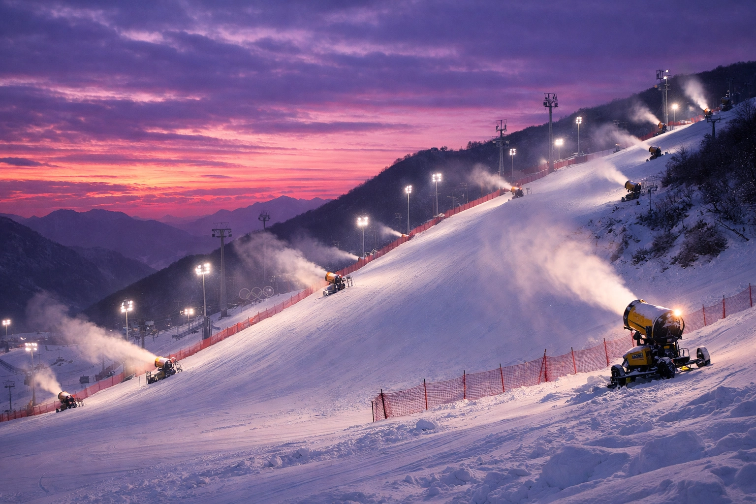 Winter Olympic ski slope covered in artificial snow at sunset with snow machines visible