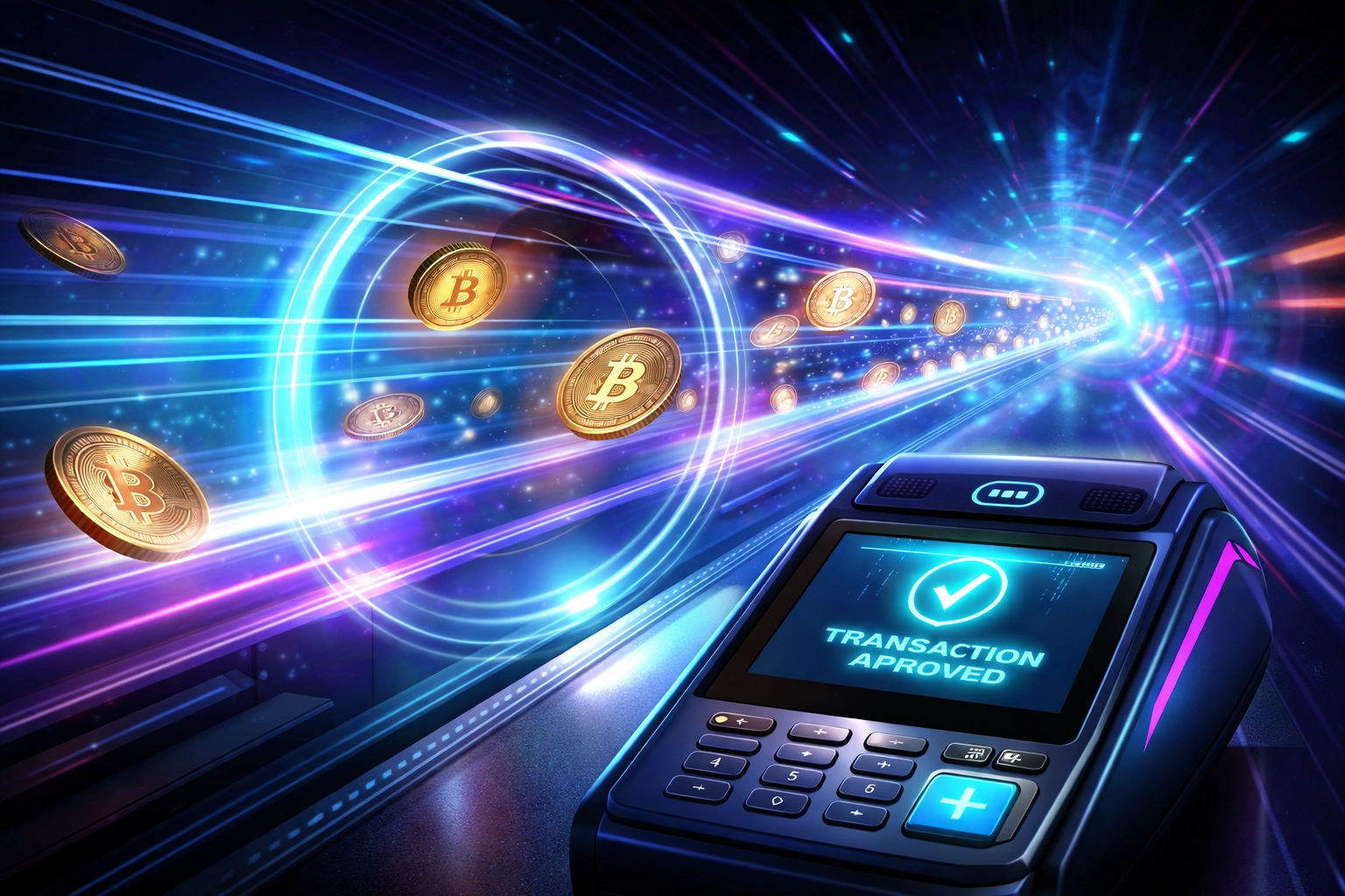 Digital cryptocurrency coins rapidly moving into a point-of-sale terminal, representing instant crypto payments for small businesses.
