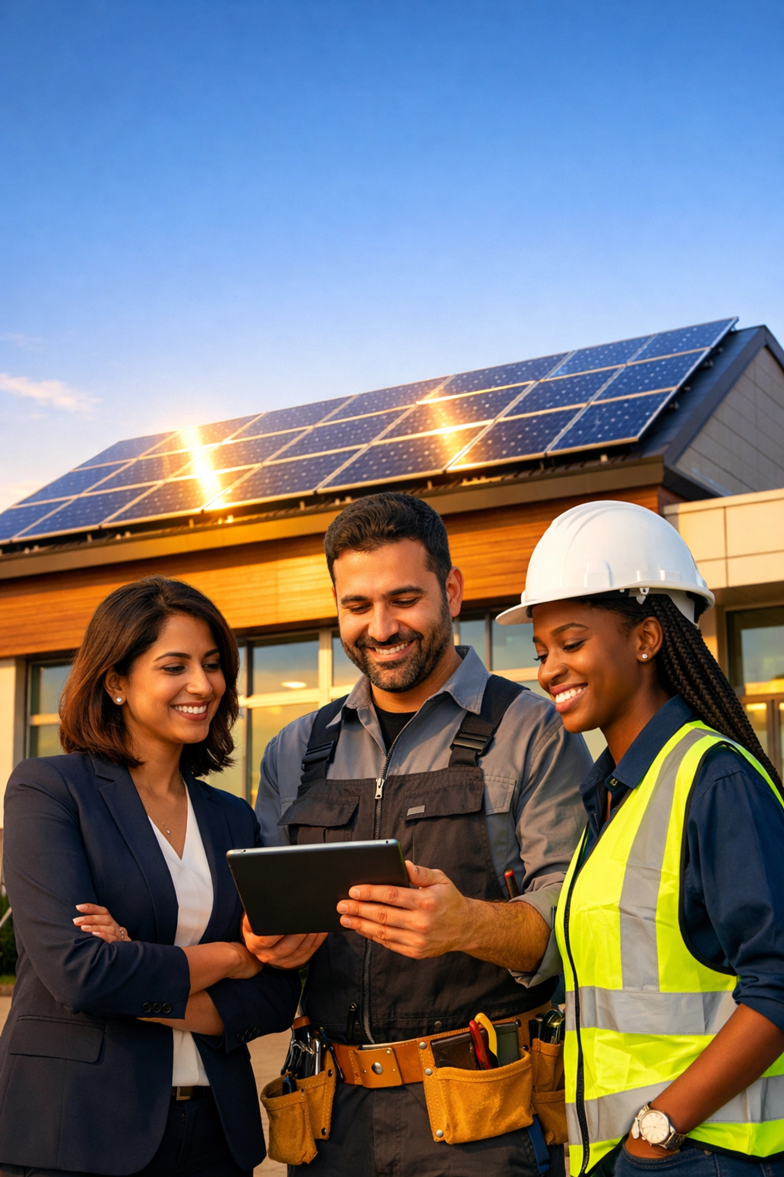 Business team inspecting solar panel installation for clean energy tax credits