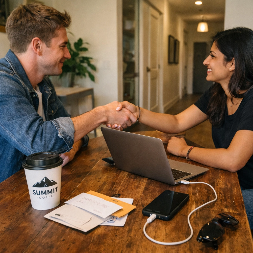 Professionals in a Charlotte co-living home shaking hands, highlighting secure shared housing and individual leases.