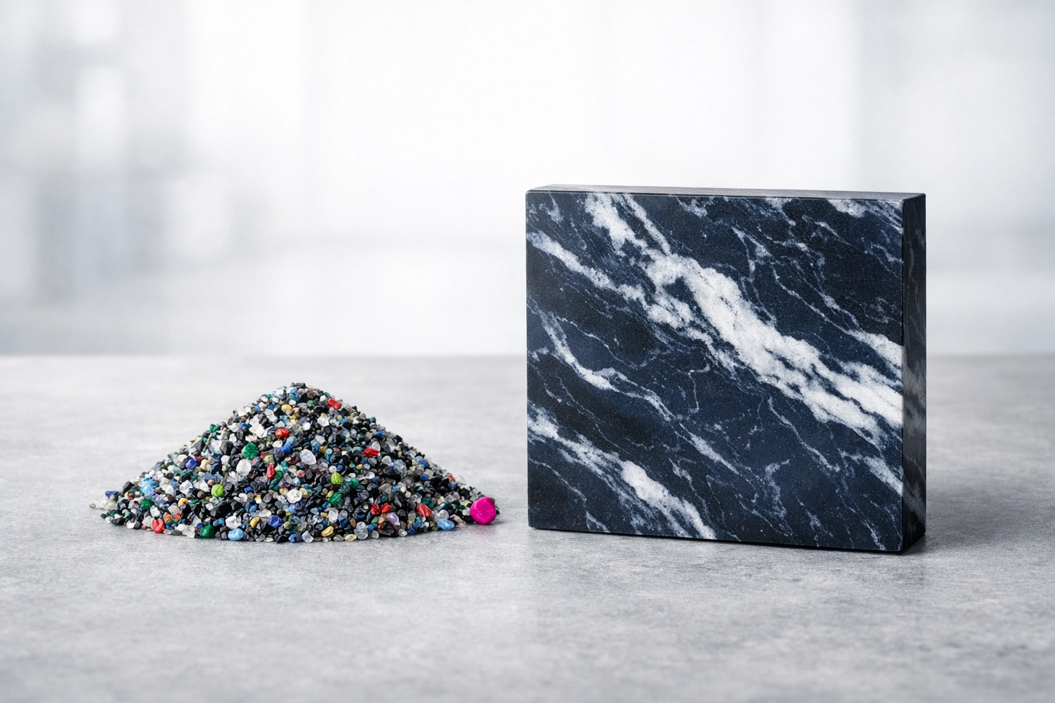Traceable recycled plastic granules next to a finished navy marbled panel, showcasing Australian waste transformation.