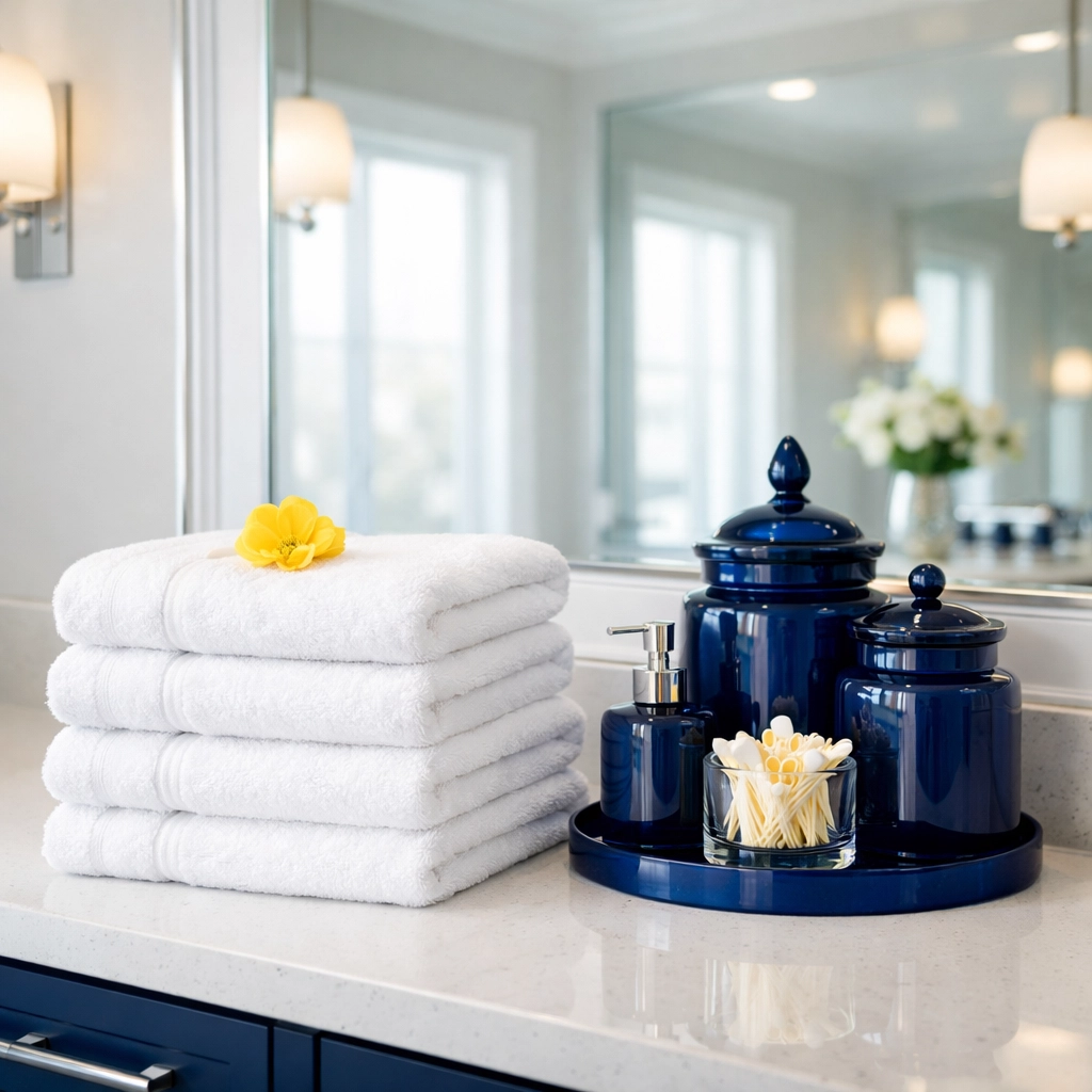 Meticulous bathroom housekeeping showing perfectly folded towels and a streak-free vanity mirror in Hanson.