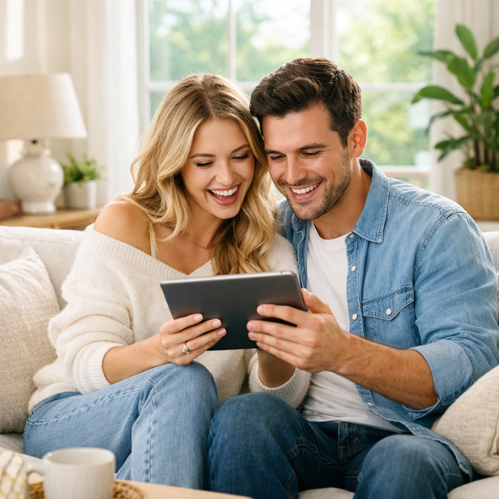 Engaged couple happily planning their wedding fund on a tablet in a bright living room.
