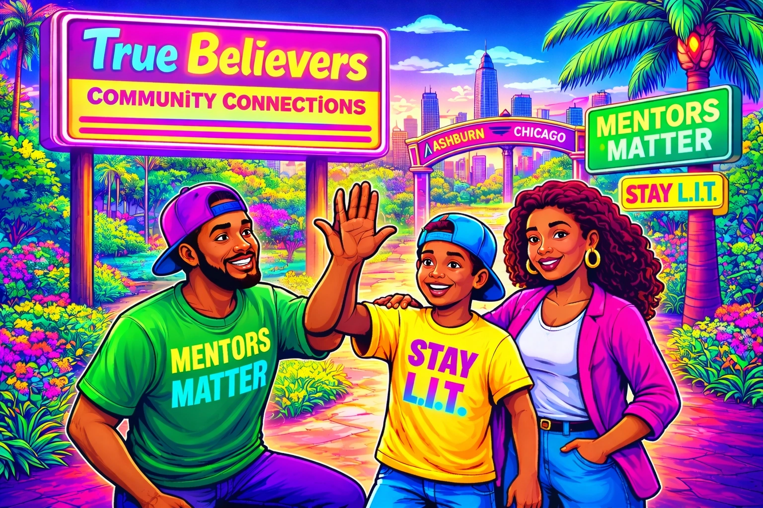 Vibrant minority-featured cartoon-style illustration of youth engaging in community activities on Chicago’s South Side, using strictly the TBCC palette (Electric Pink #FF00FF, Electric Yellow #FFD700, Electric Green #32CD32, Electric Blue #00FFFF). Perfectly legible, correctly spelled in-scene text included: banner 'True Believers Community Connections' and separate message 'Mentors Matter' on apparel/poster; plus correctly spelled 'STAY L.I.T.' on apparel/sign. No map outlines.