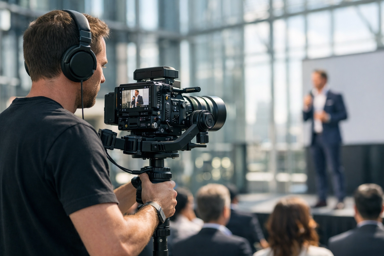 Professional freelance videographer filming a corporate event using a high-end cinema camera and stabilizer.