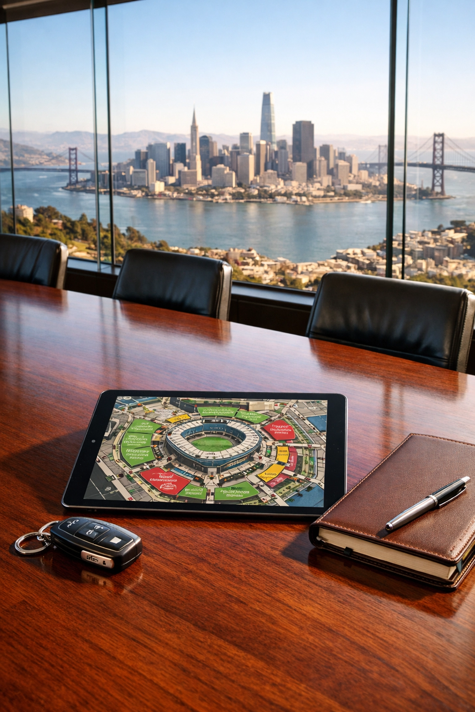 Executive boardroom in the Bay Area showcasing a digital logistical map for a Super Bowl itinerary.