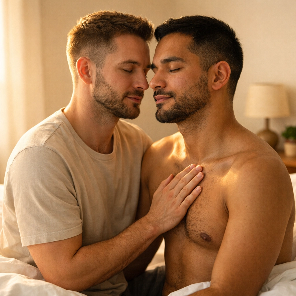 Two men practicing tantric synchronized breathing meditation for deeper intimacy
