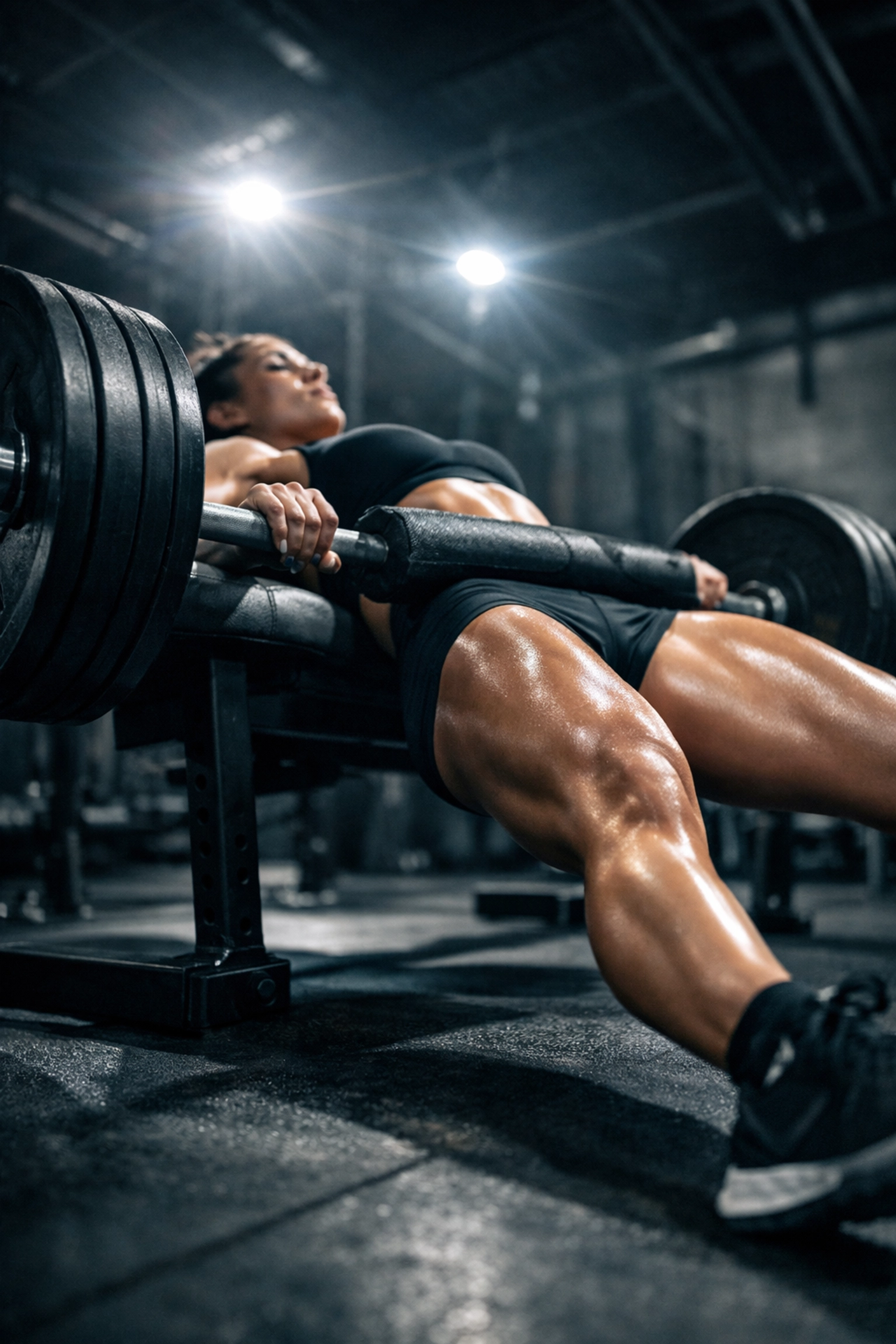 A woman performing a heavy barbell hip thrust for glute training at Swift Results Glute Factory.