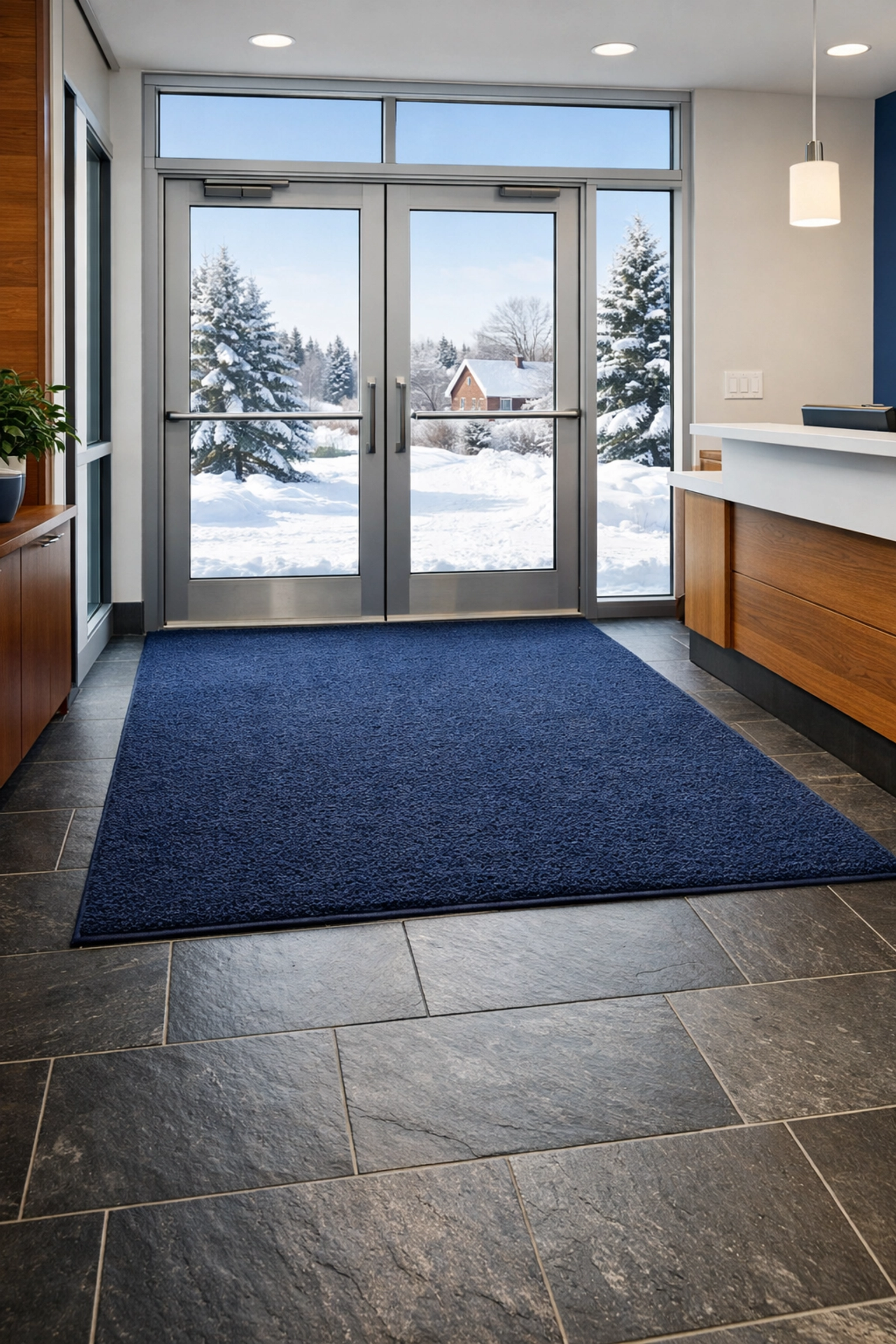 Impeccably clean Hubbardston office entryway protected from winter salt and slush by professional cleaning.