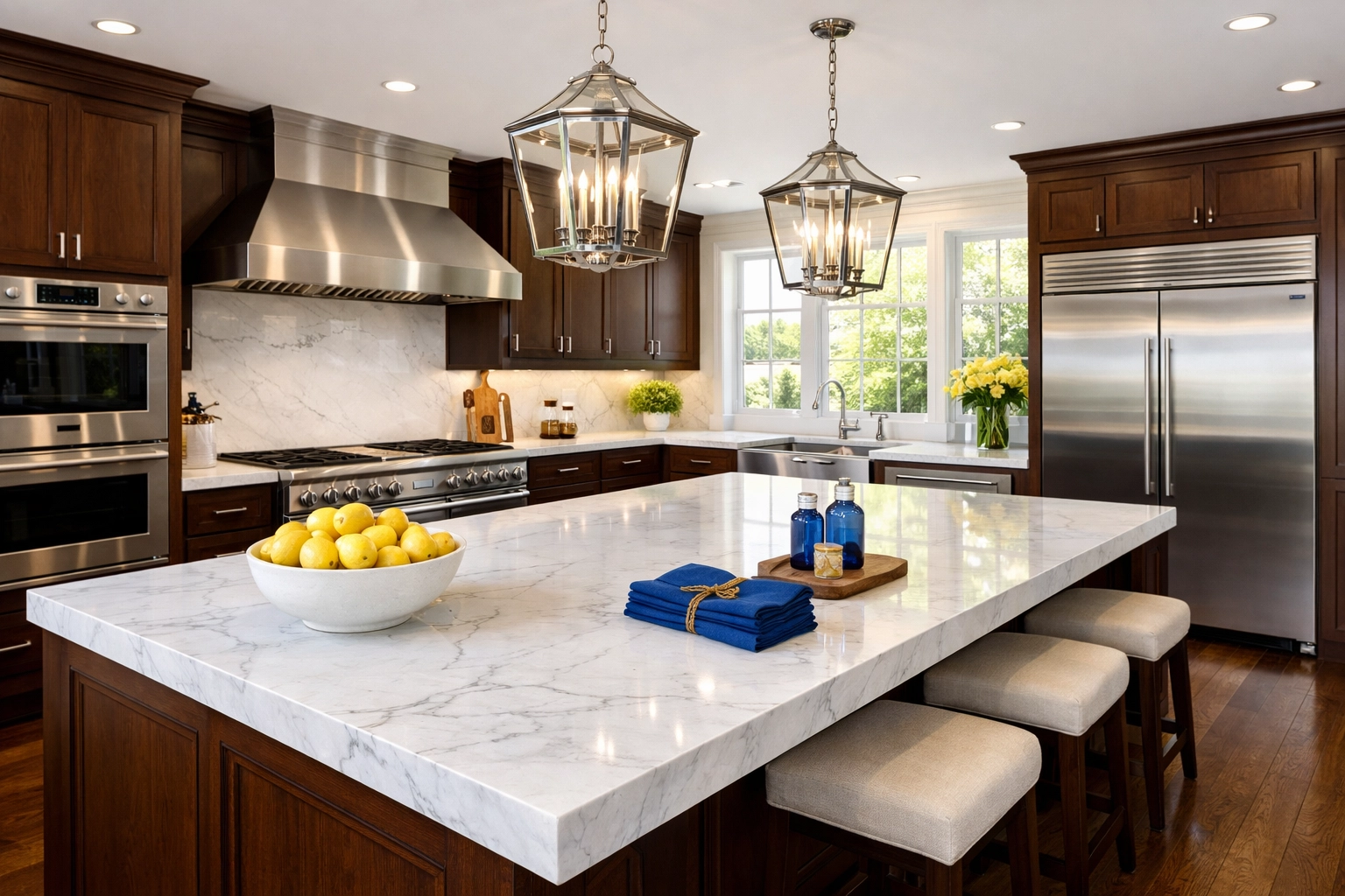 Immaculate high-end Dover estate kitchen showcasing professional residential cleaning Massachusetts.