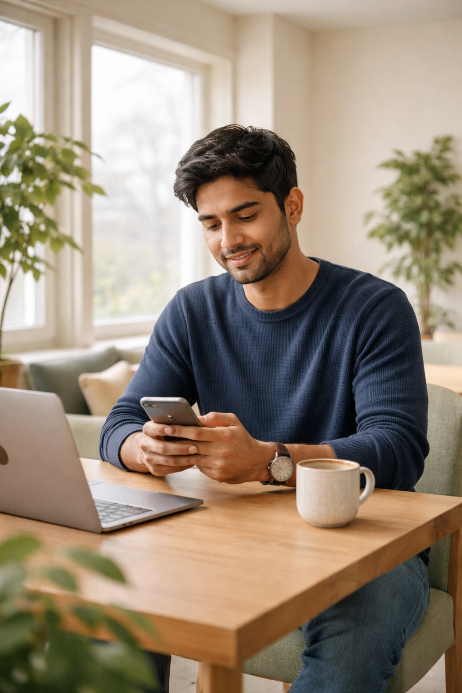 South Asian freelancer working on laptop in co-working space managing low-fee USDT payments via SwiftFi