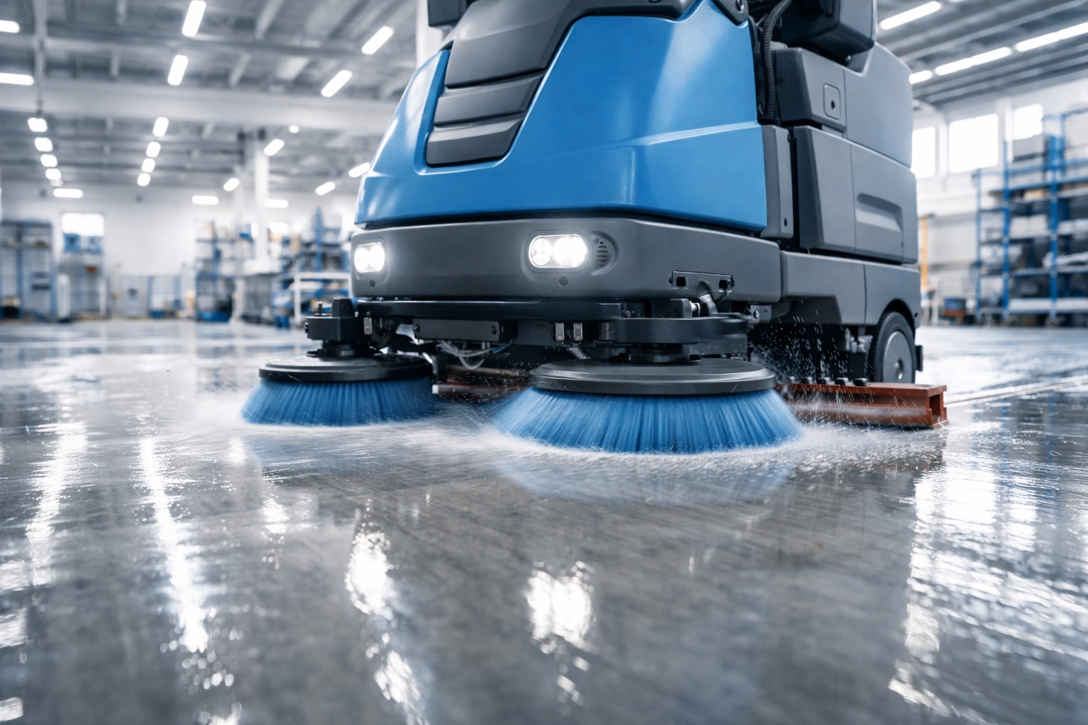 Industrial floor scrubbing machine cleaning polished warehouse floor for efficient operations