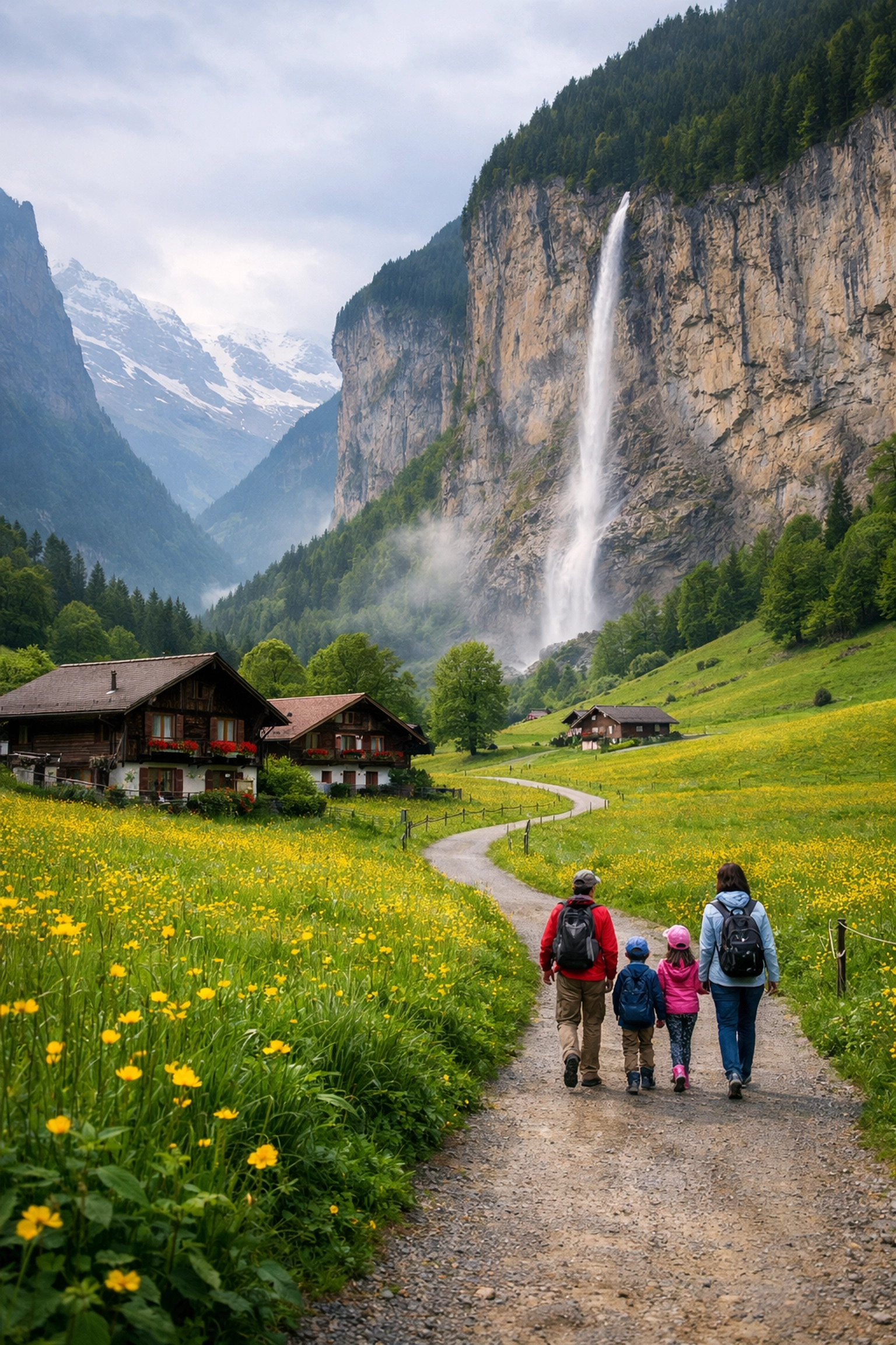 The Ultimate Guide to Family Travel Activities: Everything You Need to Succeed at Finding the Best Photo Spots 4 Family walking through a scenic green meadow in Switzerland’s Lauterbrunnen Valley.