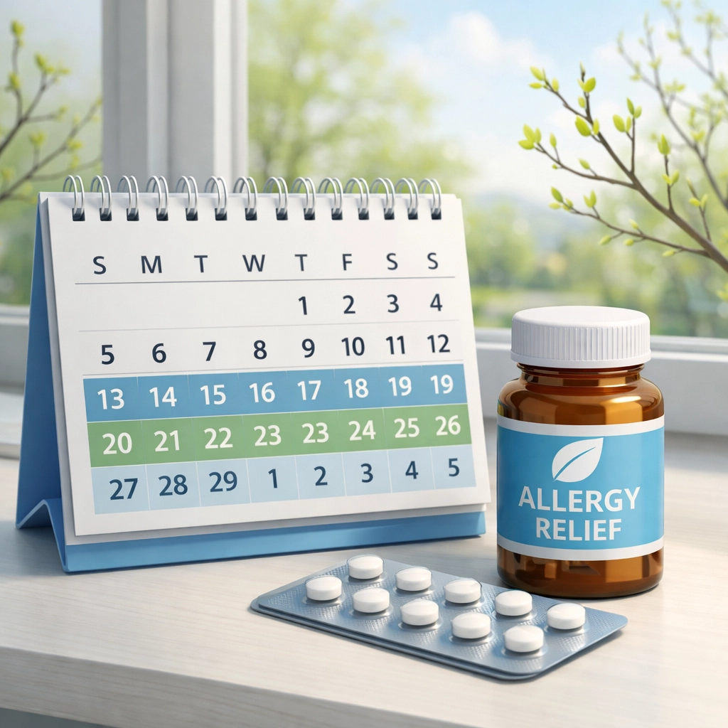 Early spring calendar with allergy medication for proactive seasonal allergy treatment