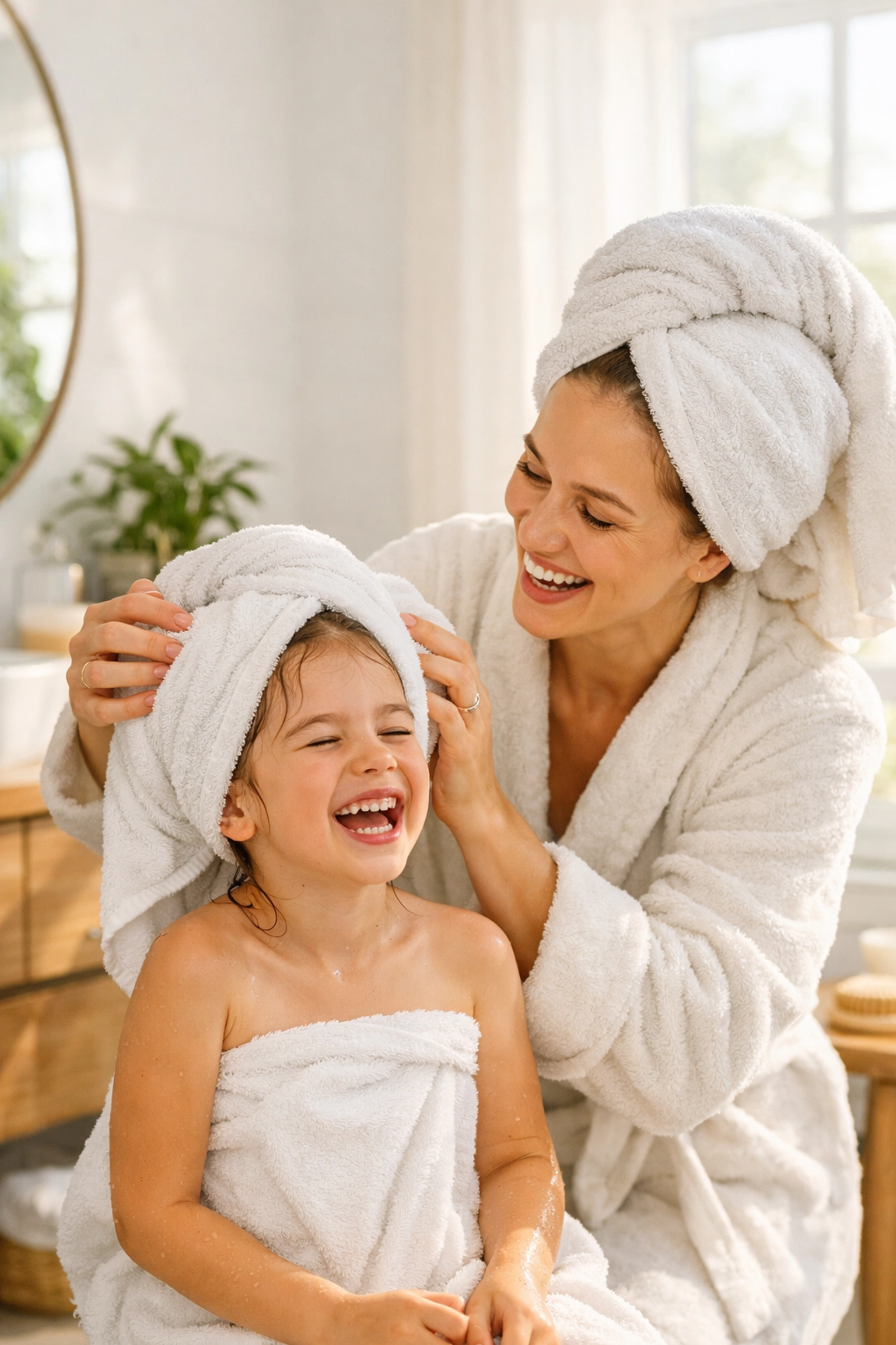 Mom and daughter enjoying family friendly hair care from their wellness membership.