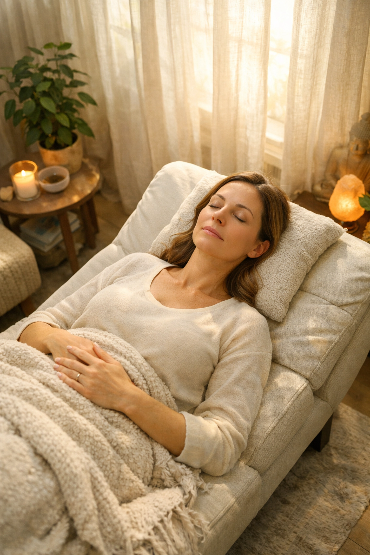 Woman relaxing during hypnotherapy session to address subconscious people-pleasing patterns