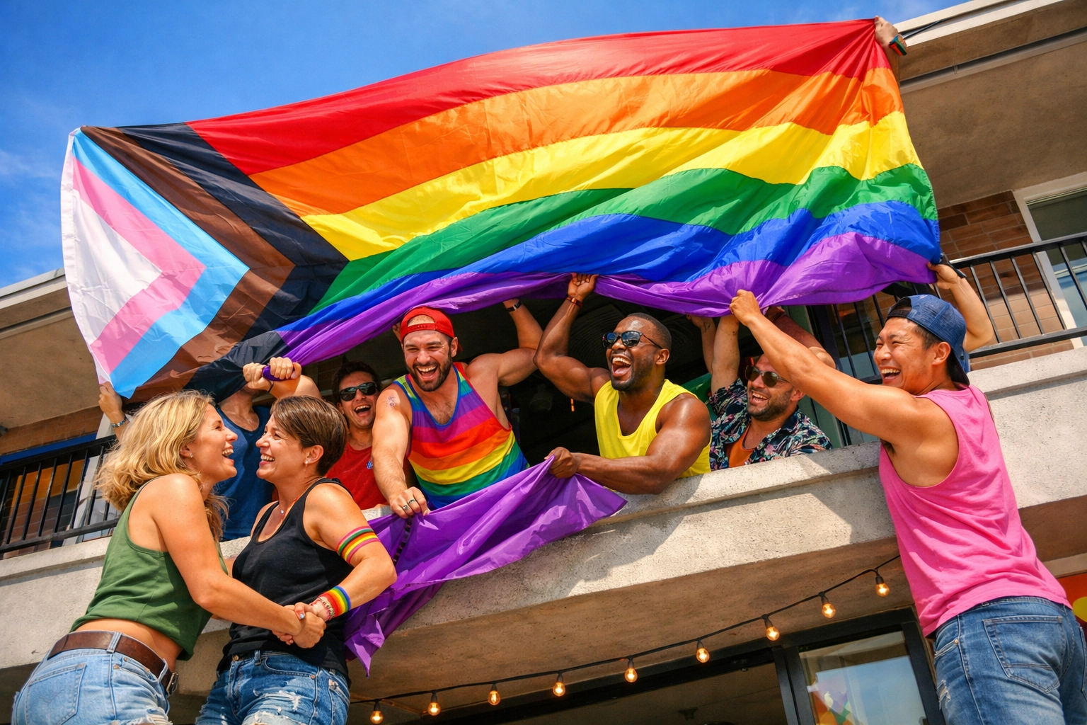 A diverse group of LGBTQ+ friends joyfully unfurls a Progress Pride flag at a community center.