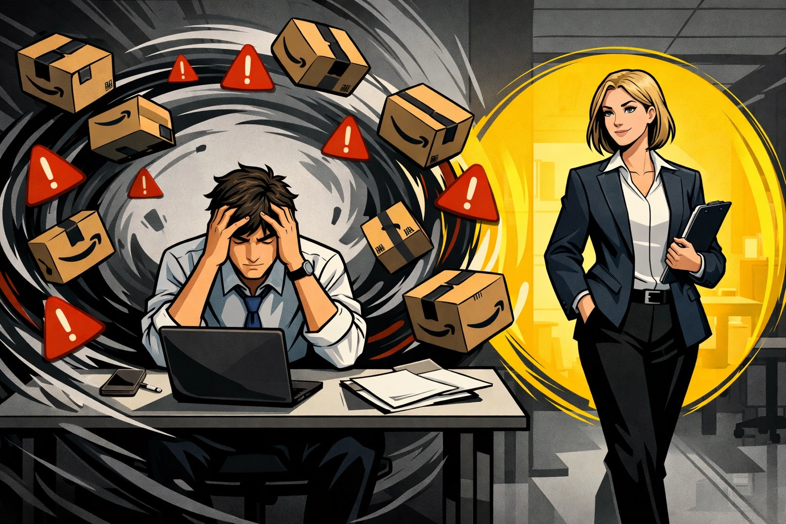 Overwhelmed seller assisted by Amazon account management services to handle listing alerts and scaling stress.