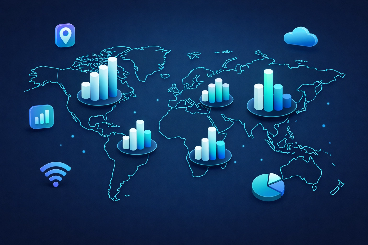 Abstract world map visualizing geo marketing data and competitive AI visibility scores by region.