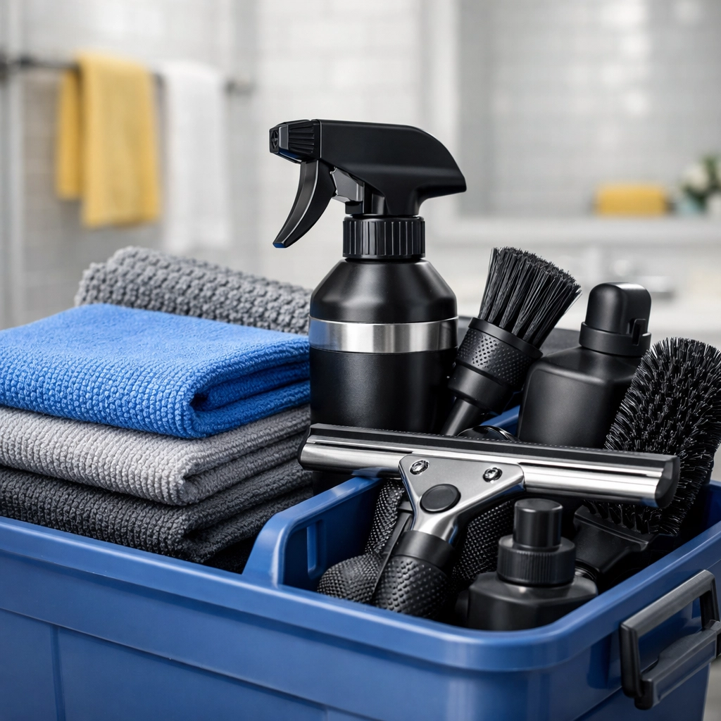 Professional-grade cleaning tools and supplies ready for a fast response house cleaning service in Fitchburg.
