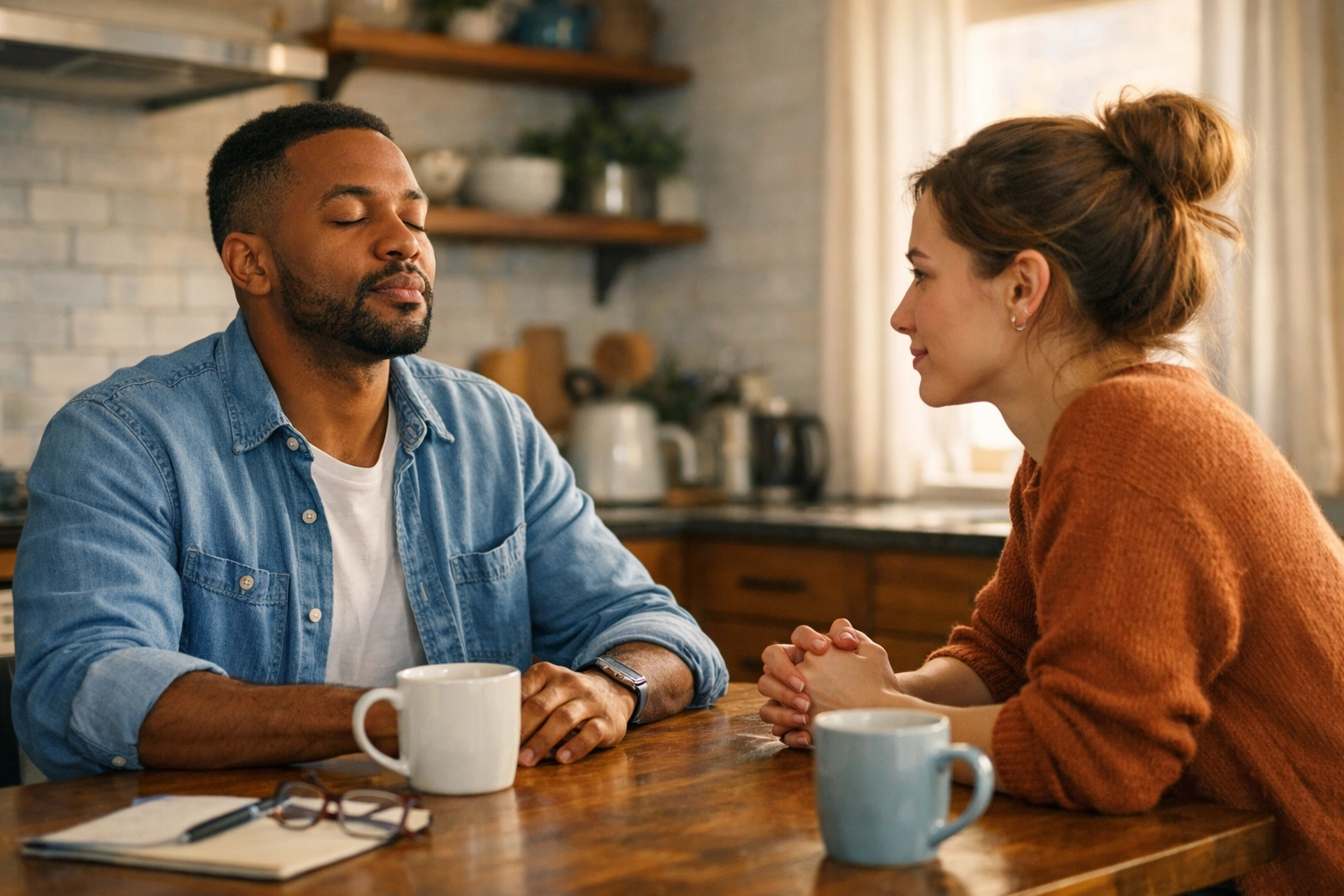Couple practicing emotional self-regulation during relationship discussion at kitchen table