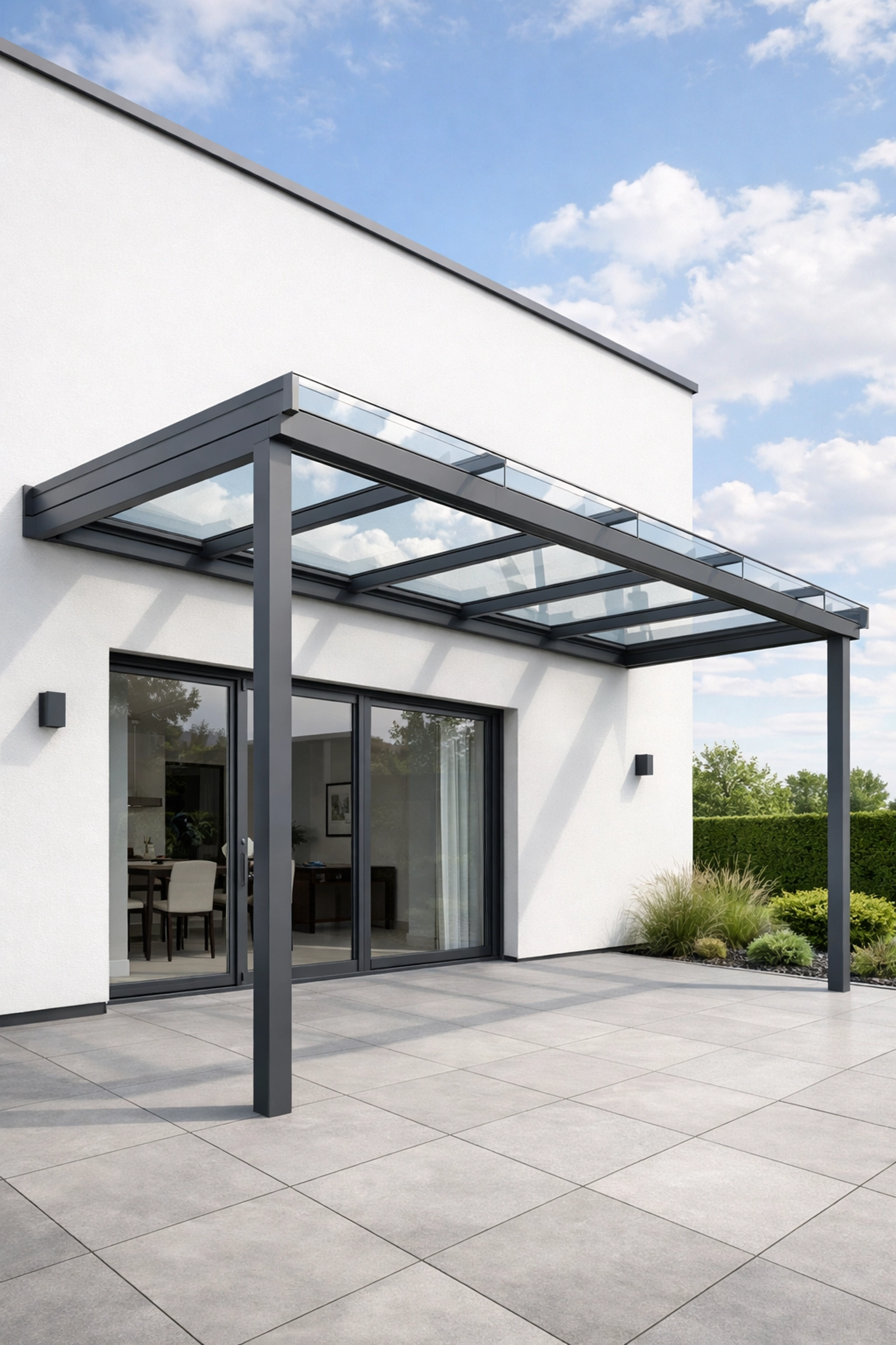 Moderne Terrassenüberdachung aus Aluminium mit VSG-Glasdach an einer zeitgenössischen Fassade.