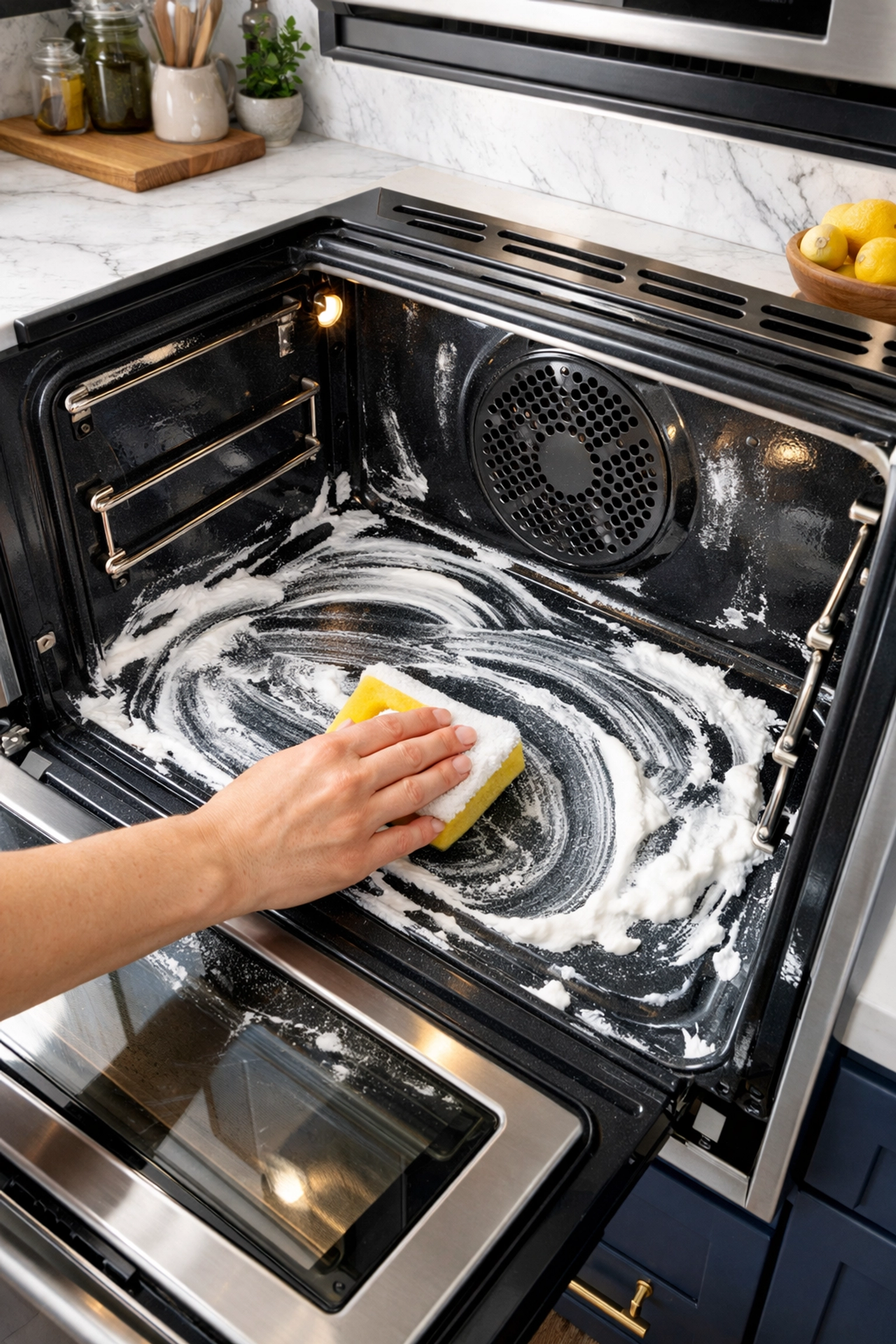 Hand applying a natural baking soda cleaning paste to the interior of a stainless steel oven.