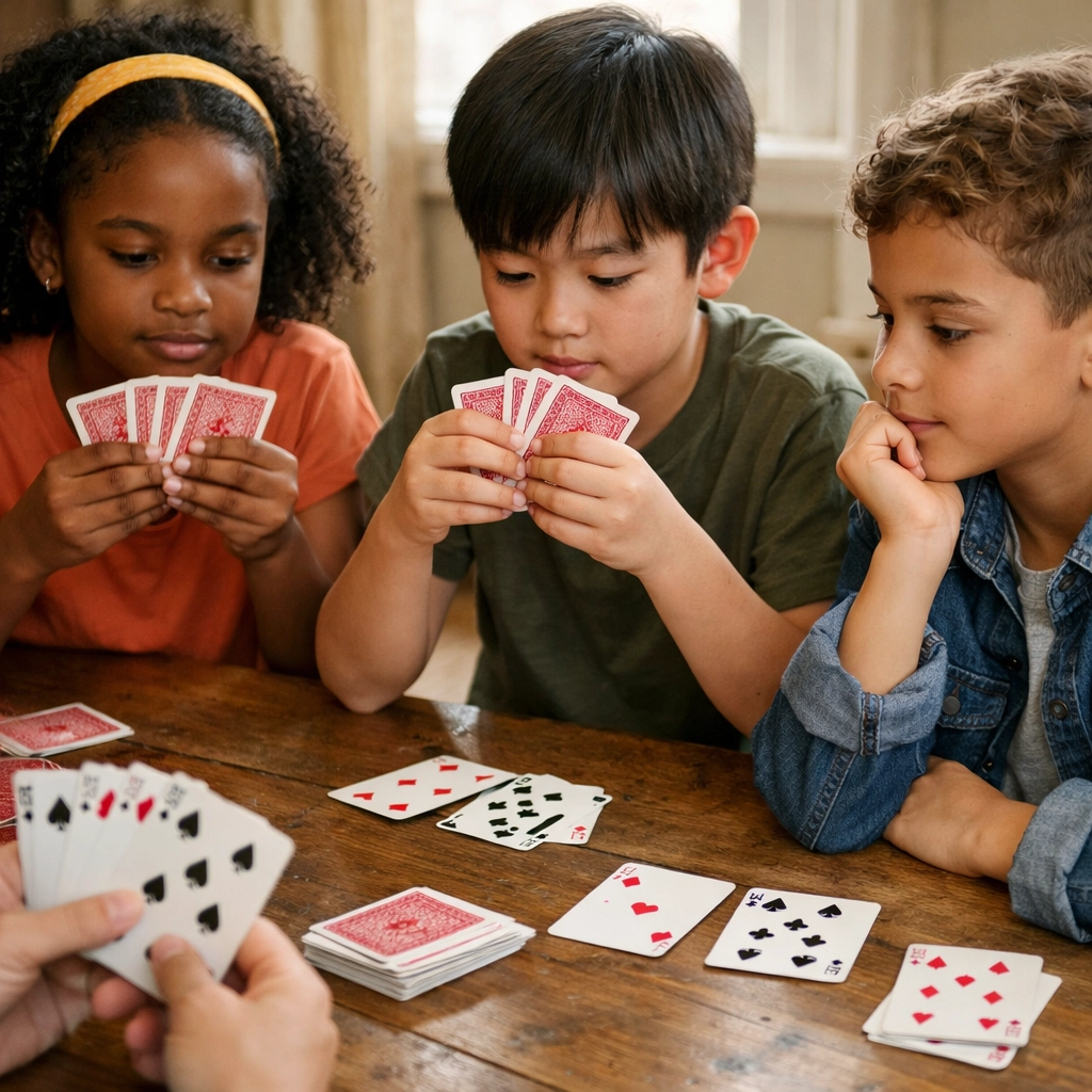 Kinderen spelen samen Pesten aan tafel en oefenen concentratie en strategie
