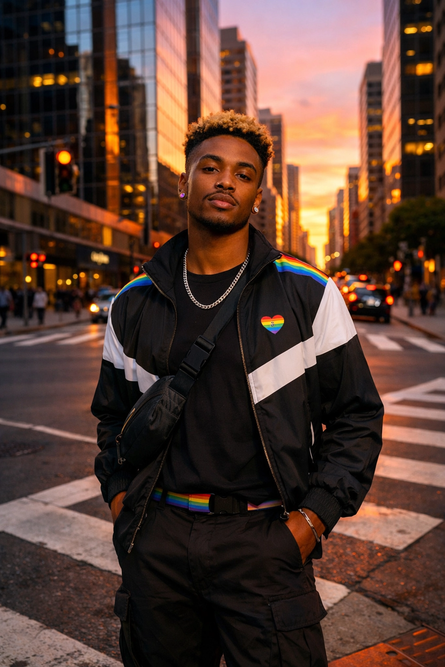 Young Black gay man embraces Pride and visibility in modern urban setting