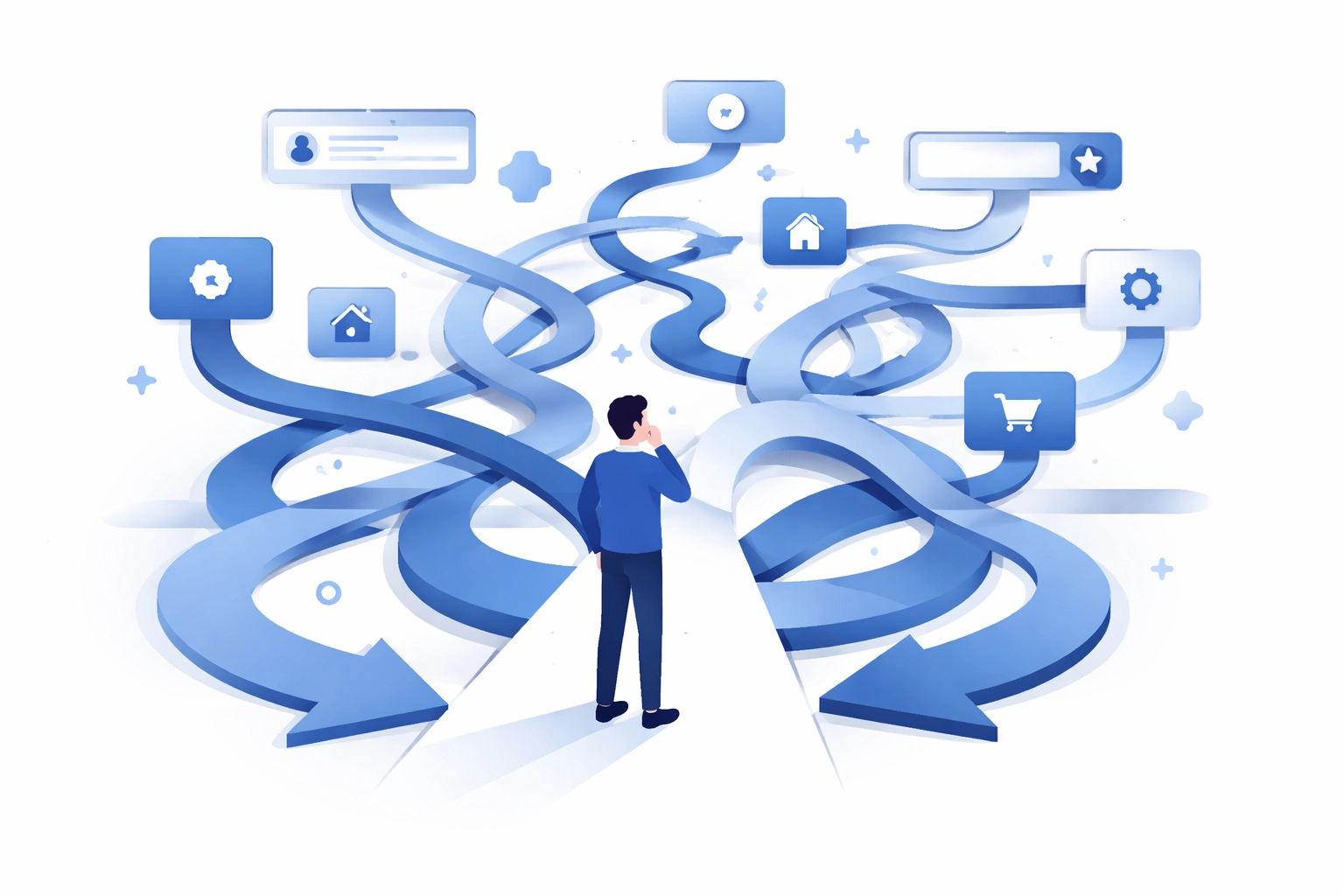 Confused person at tangled blue navigation paths, illustrating poor website navigation harming search rankings