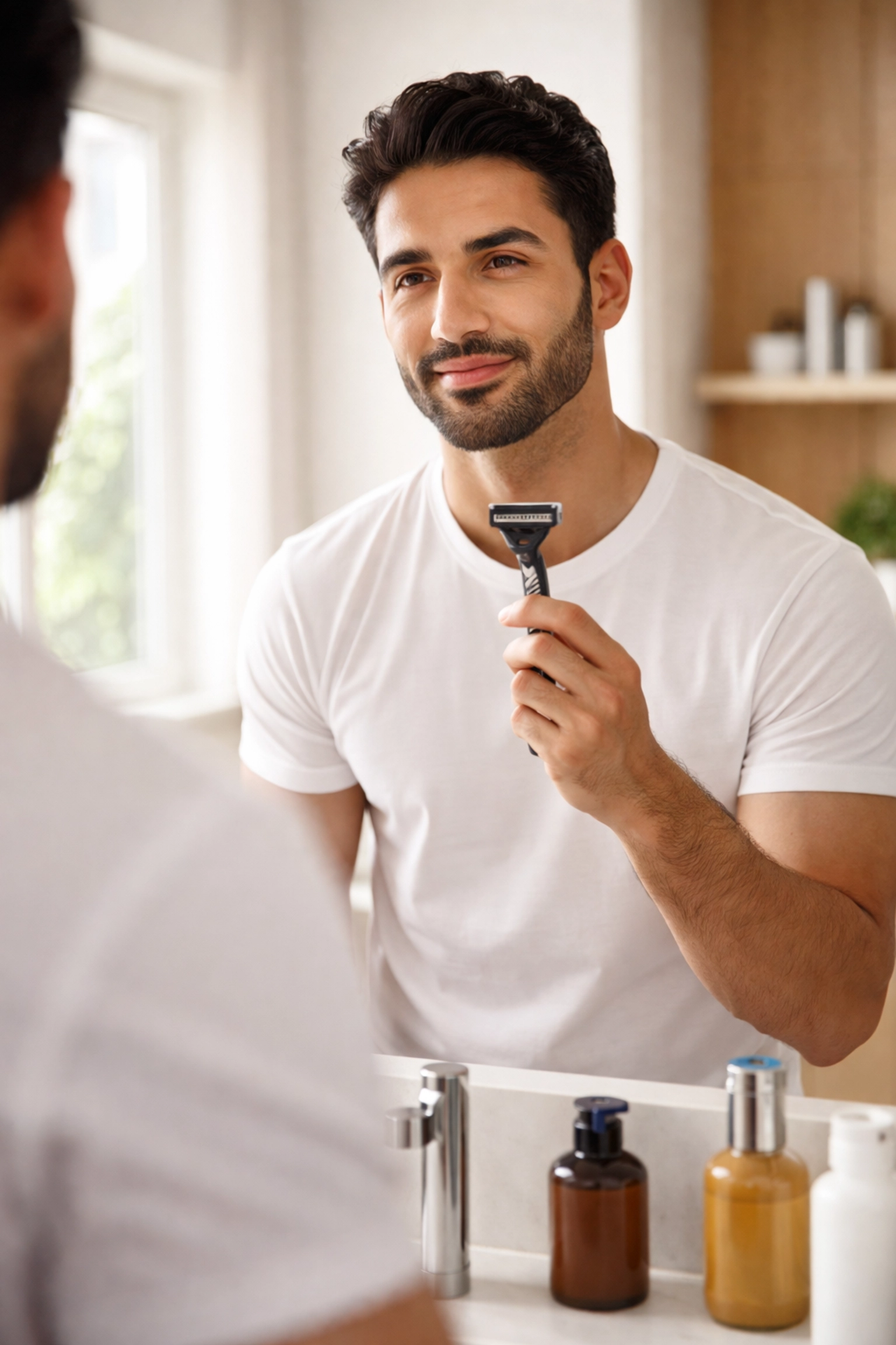 Man with well-groomed facial hair holding razor in bathroom, preparing for daily men's grooming routine