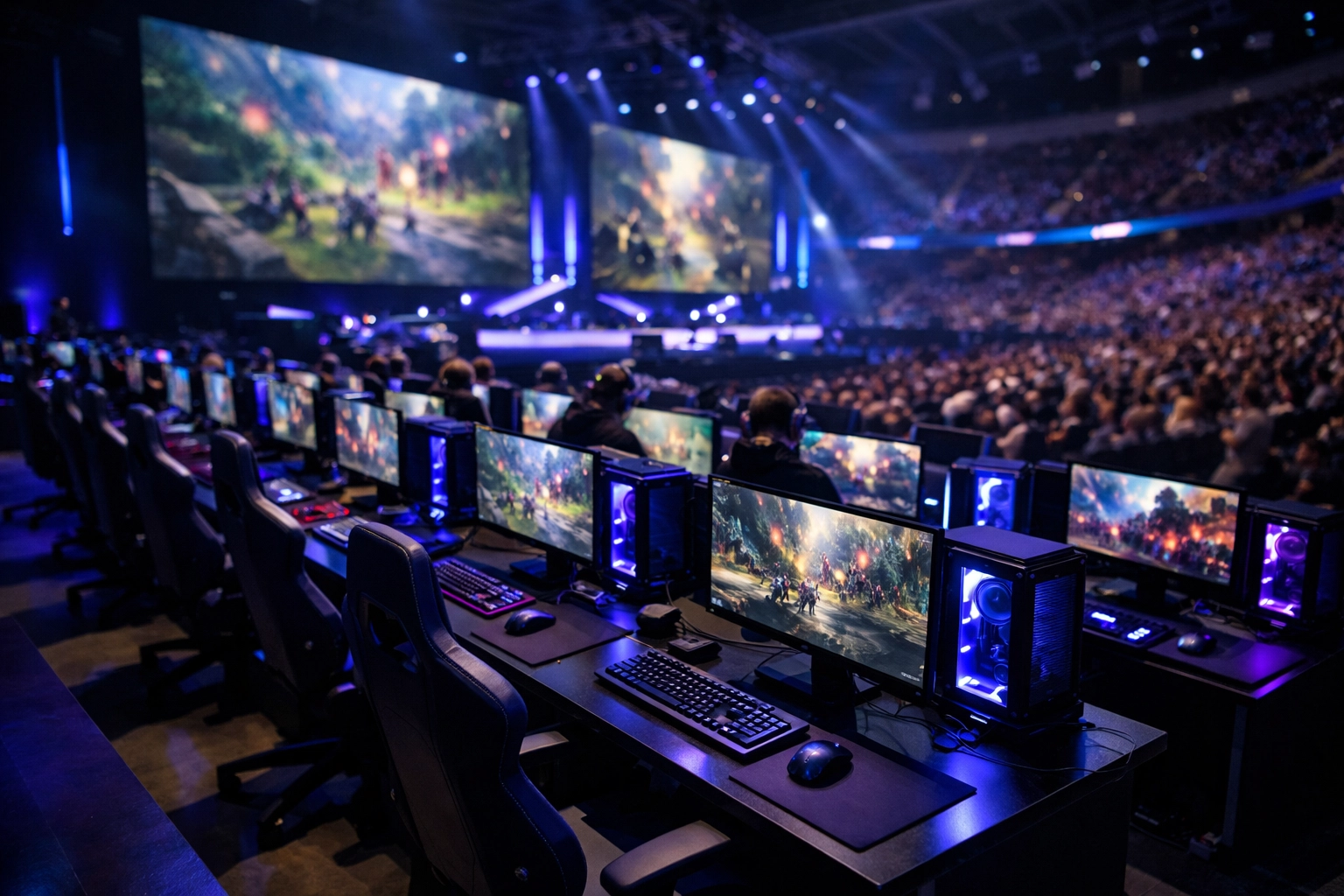Professional esports arena showing gaming stations and event installations for brand partnerships.