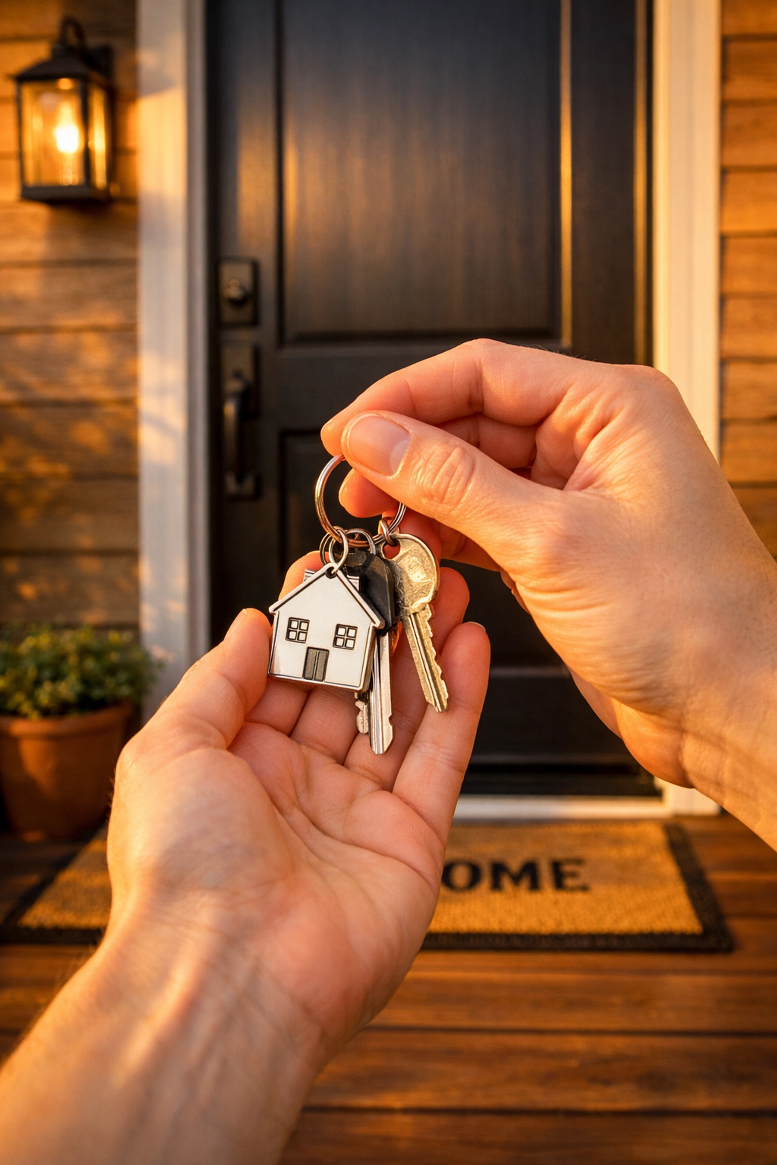 Hands holding keys in front of a new home, completing the journey with an FHA loan and assistance.