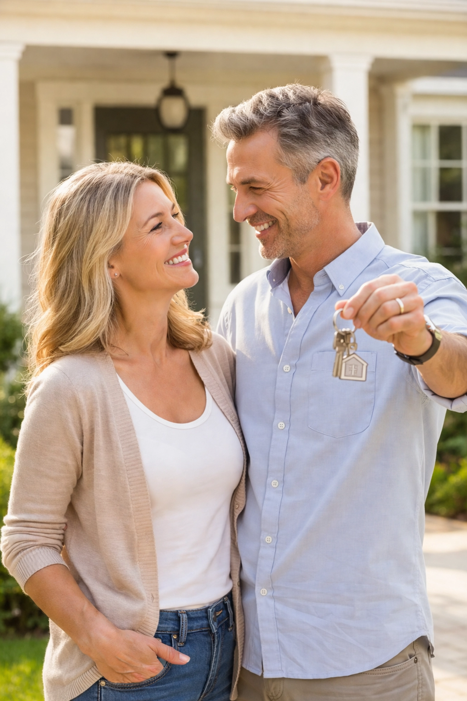 Happy middle-aged couple holding house keys in front of their new home, symbolizing successful sale and tax benefits