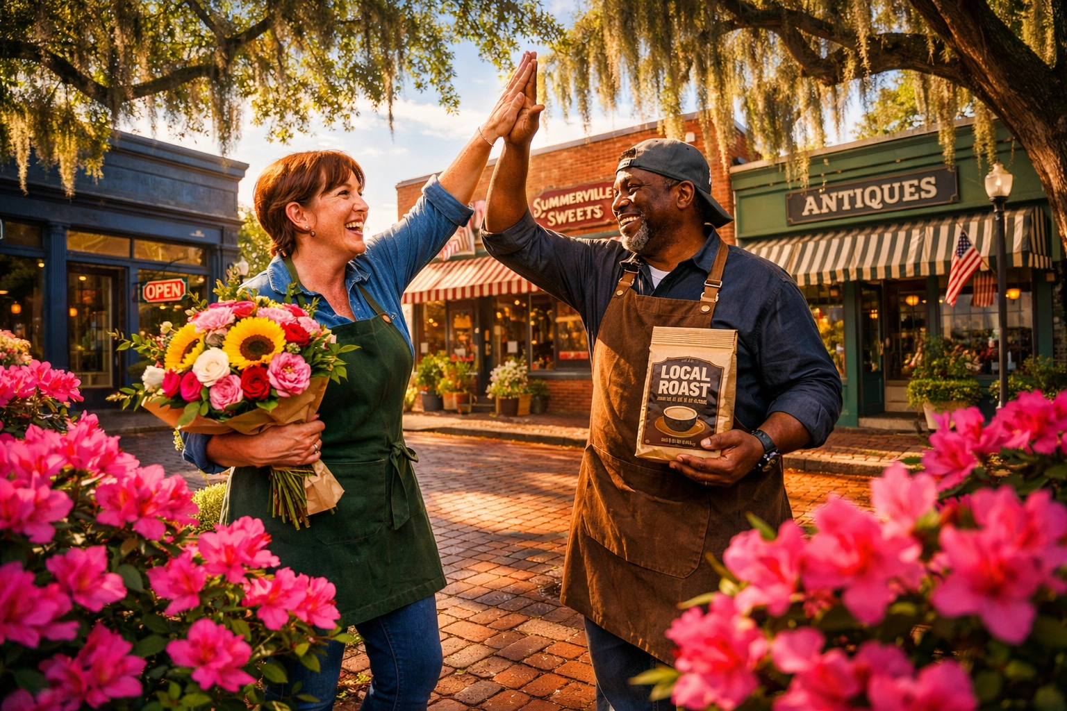 Summerville business owners high-fiving in front of local shops, representing successful community cross-promotion.