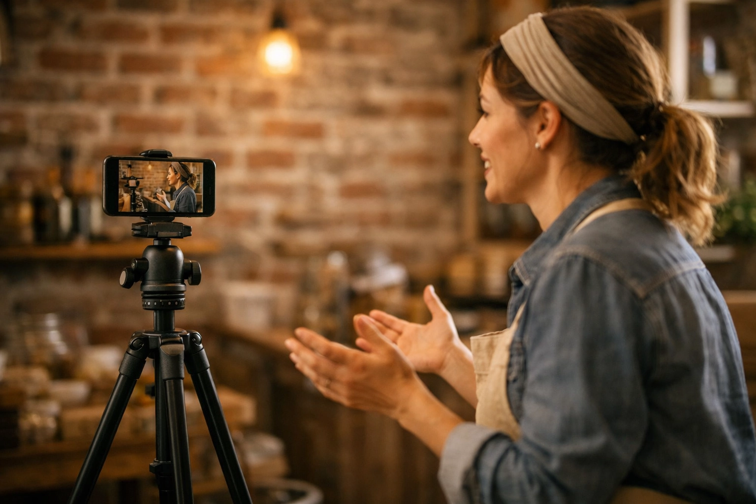 Local business owner recording video content for Facebook ad campaign on smartphone