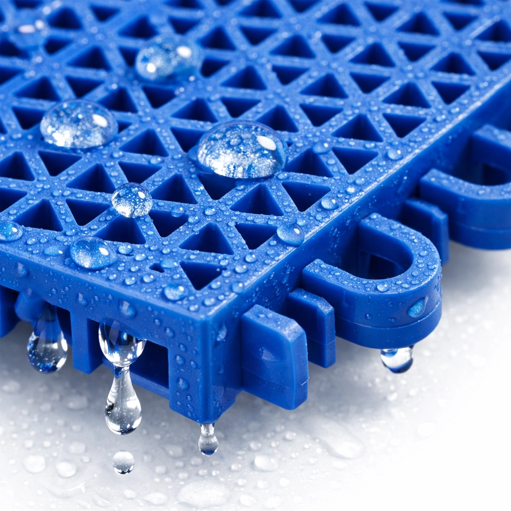 Perforated blue polypropylene court tile showing water drainage for a backyard pickleball court.