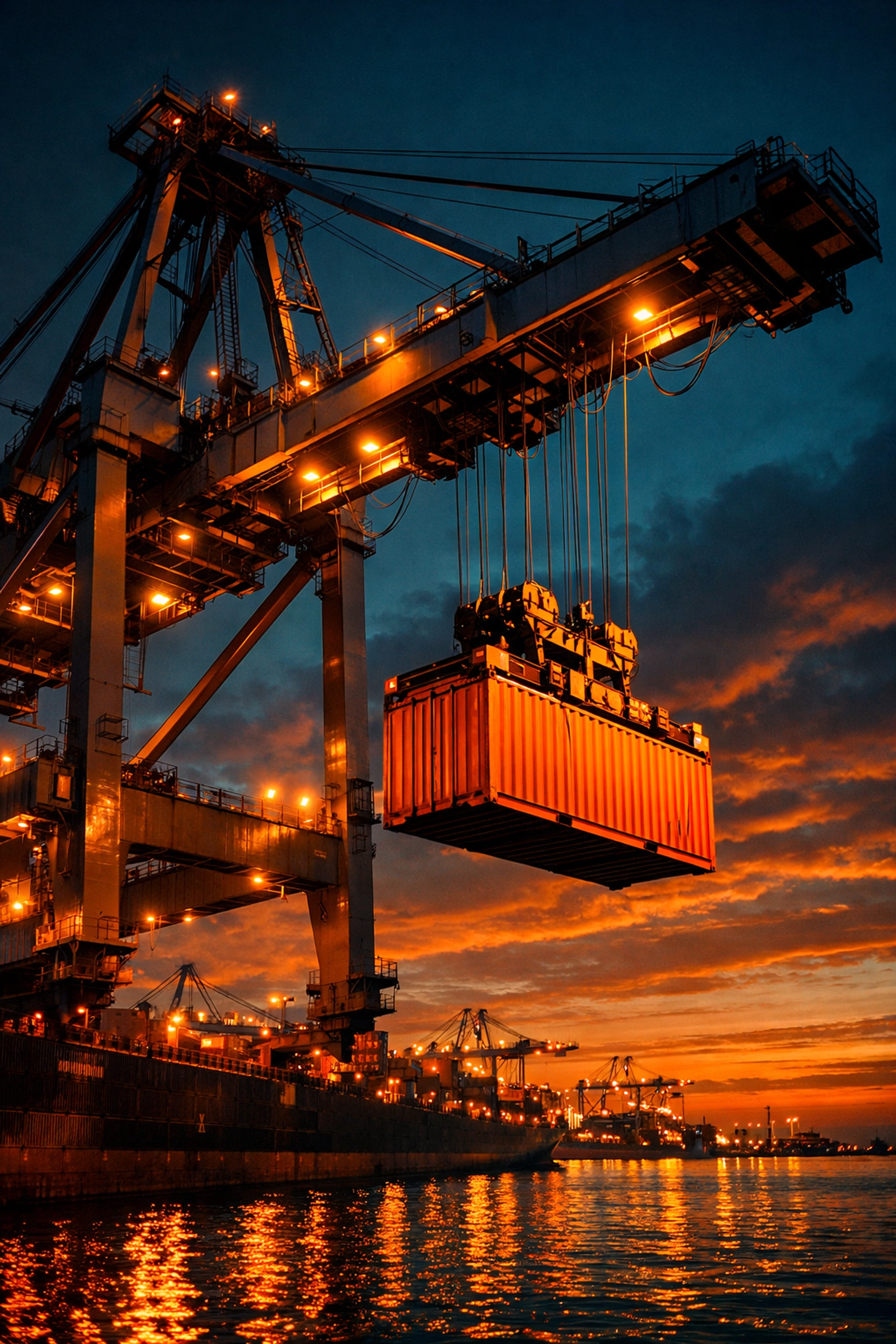 Industrial crane lifting a shipping container at a port for heavy-duty logistics and export.