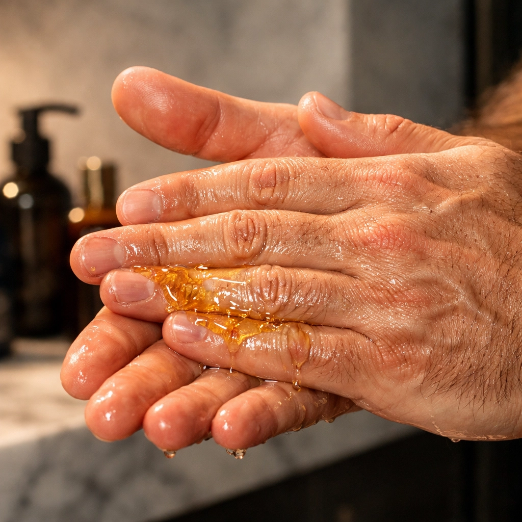 Close-up of hands emulsifying beard wax to prepare for smooth application and styling.