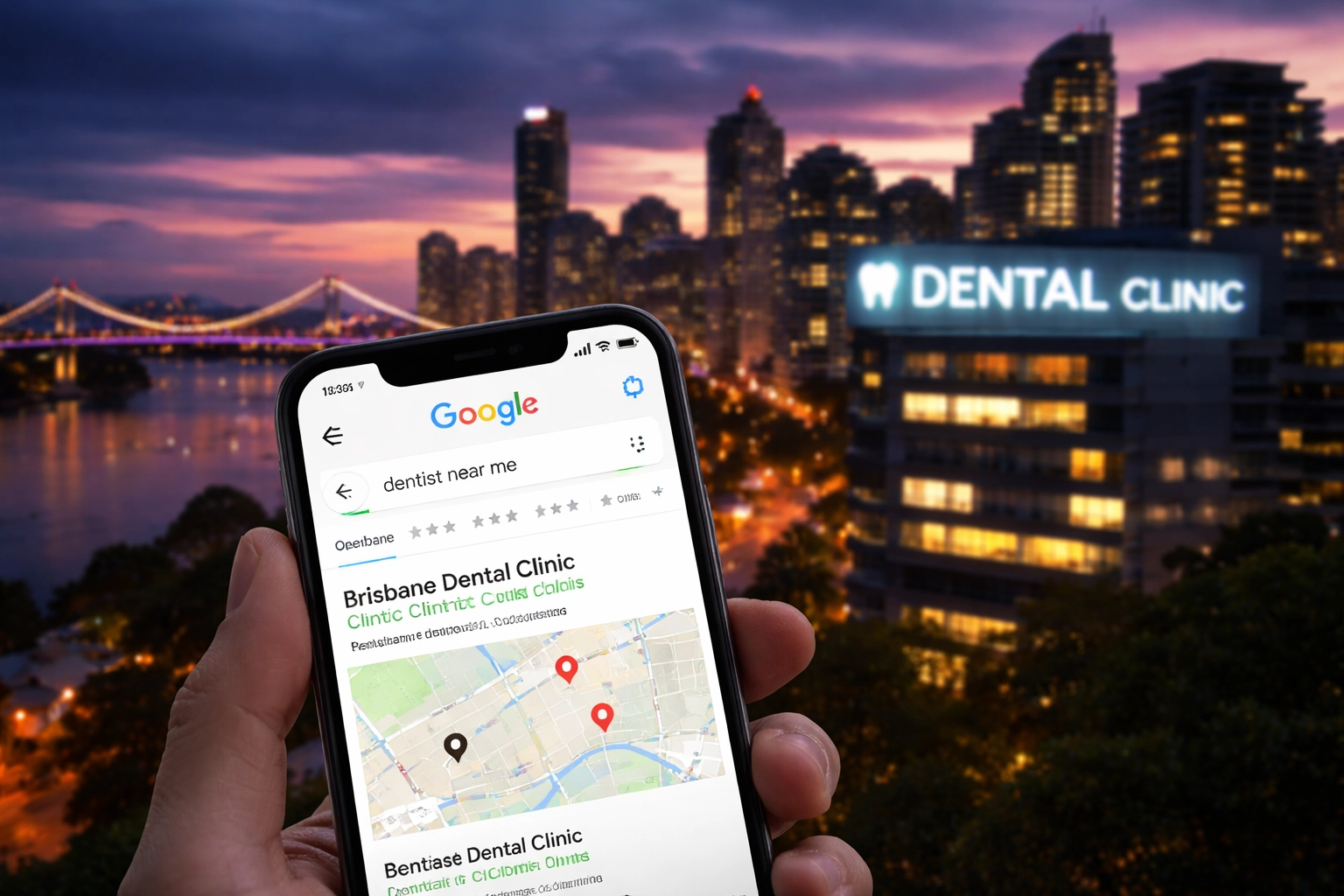 Brisbane city skyline at dusk with dental clinic sign and smartphone showing local dentist search results
