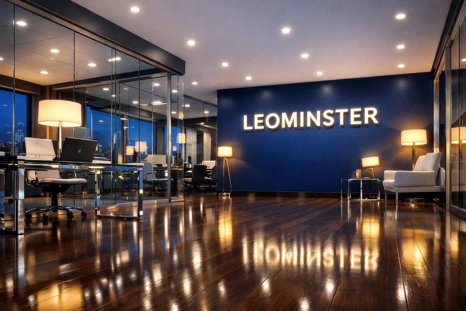 Janitorial services Leominster MA delivering a spotless commercial office suite at twilight.