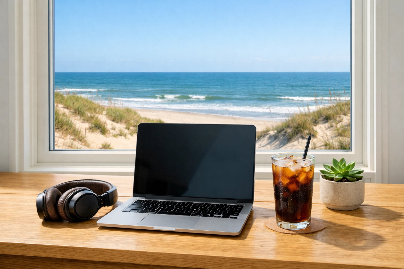 Modern laptop workstation with an ocean view in a Bolivar Peninsula luxury beach home.