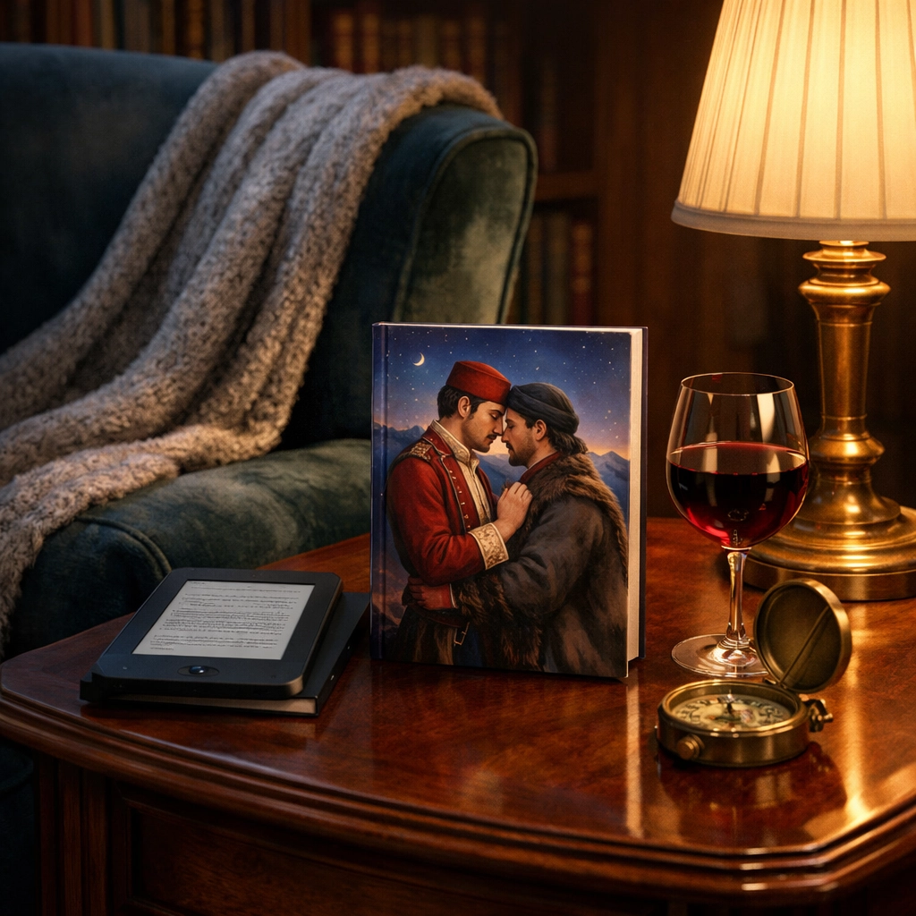 A cozy reading nook featuring an MM historical romance book, perfect for fans of gay fiction and novels.