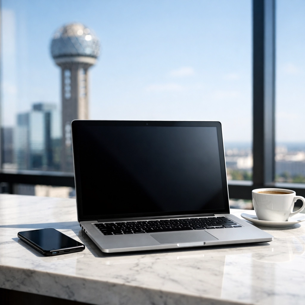 Professional laptop setup in a Dallas co-working space for a new business launch.